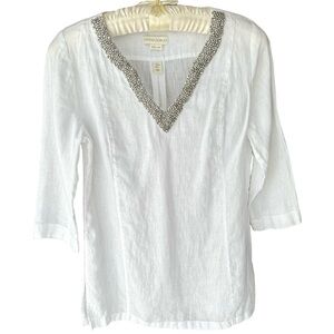 Cynthia Rowley 100% Linen Silver Beaded V Neck White Tunic Top Women’s M